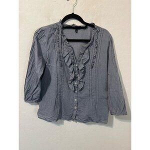 Talbot's Sz 6 Lightweight Chambray Blouse 3/4 Sleeves Ruffle Detail Button Front